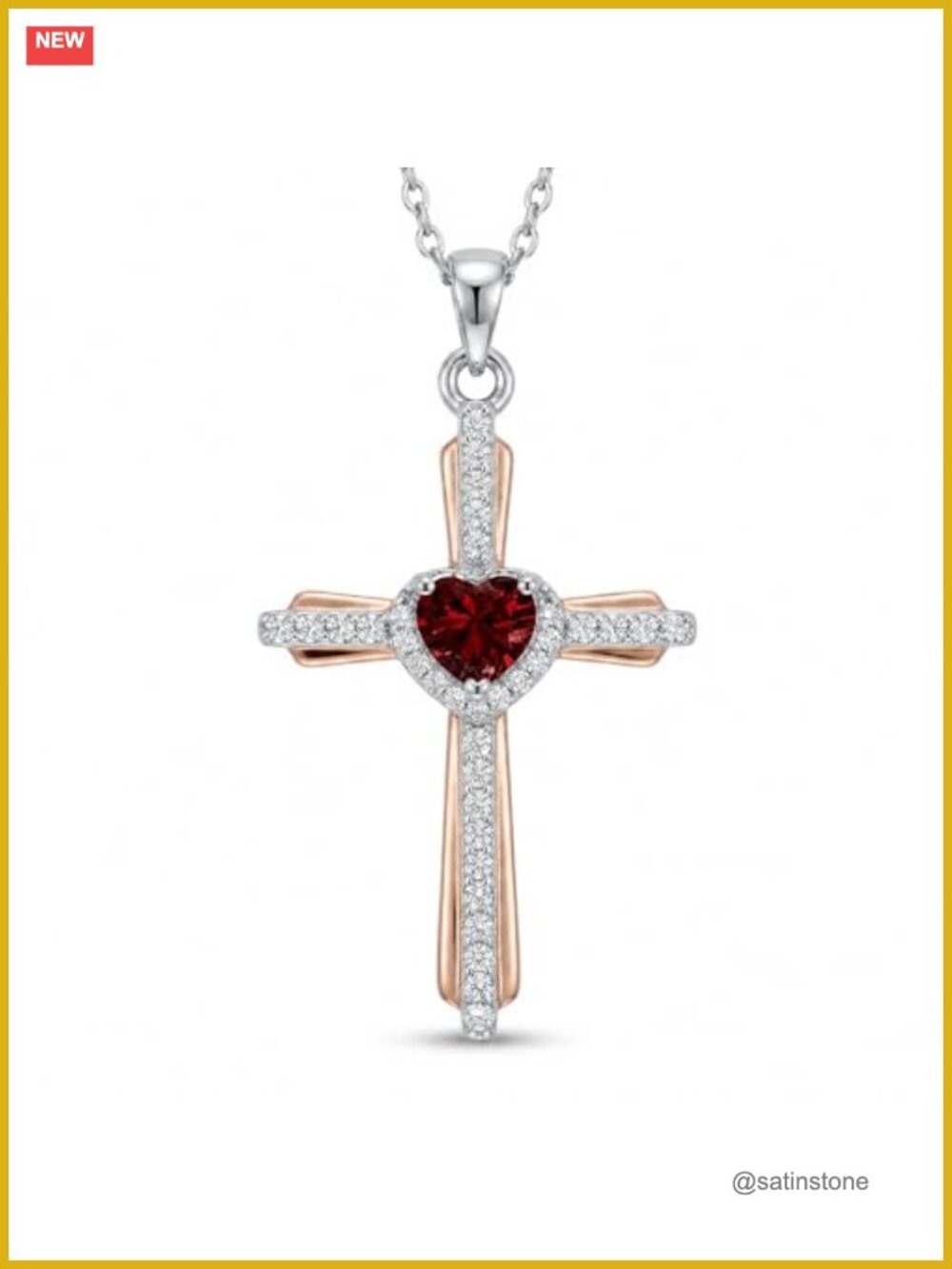 14K Gold Plated Garnet Cross Necklace 18"+2" Chain